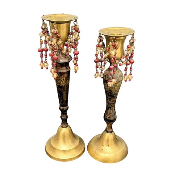 Solid Brass Candlestick PAIR Beaded Glam Taper - Picture 1 of 5